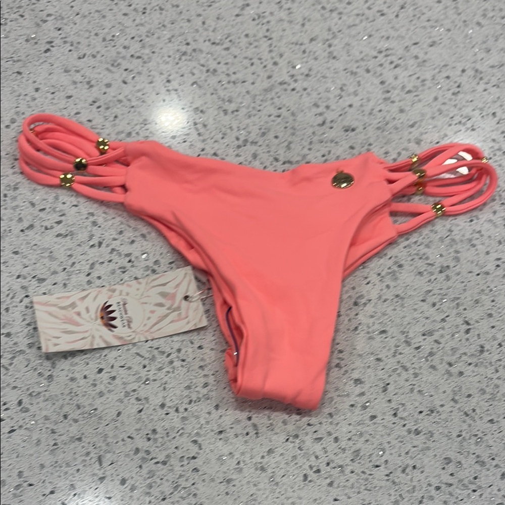 Santa Areia - Coral Bikini Bottom with Strappy Sides with Gold hardware